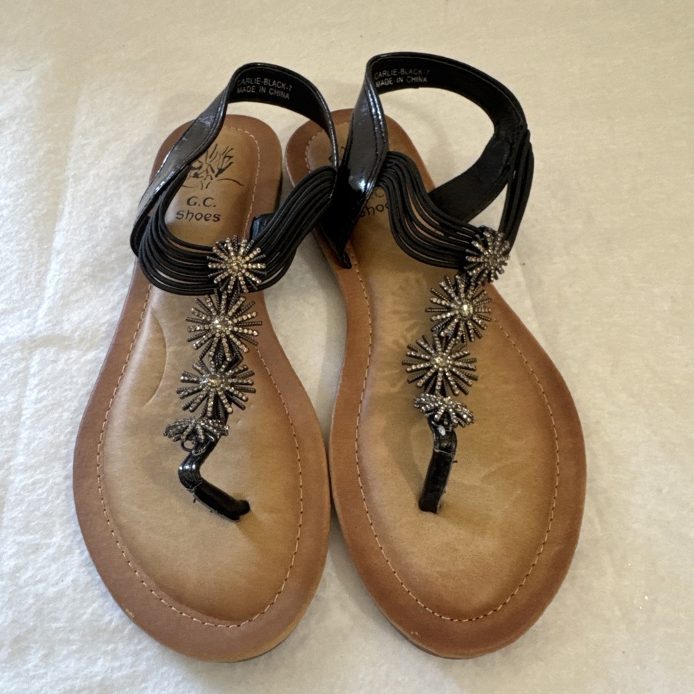 Black Beaded T-Strap Sandals